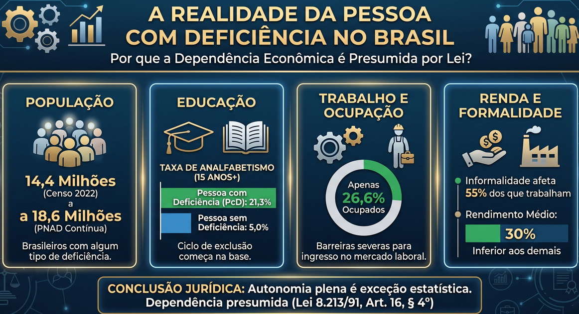 Infográfico estatístico sobre a realidade da pessoa com deficiência no Brasil, destacando dados de educação e trabalho que justificam a dependência econômica presumida para pensão por morte do INSS. Elaborado por Caio Prado Advocacia em Santo André.