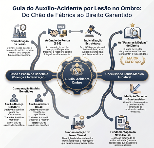 Infográfico do Escritório Caio Prado Advocacia explicando o Guia do Auxílio-Acidente por lesão no ombro, incluindo a diferença entre B31 e B94, a importância da goniometria no laudo médico e o nexo causal no chão de fábrica.