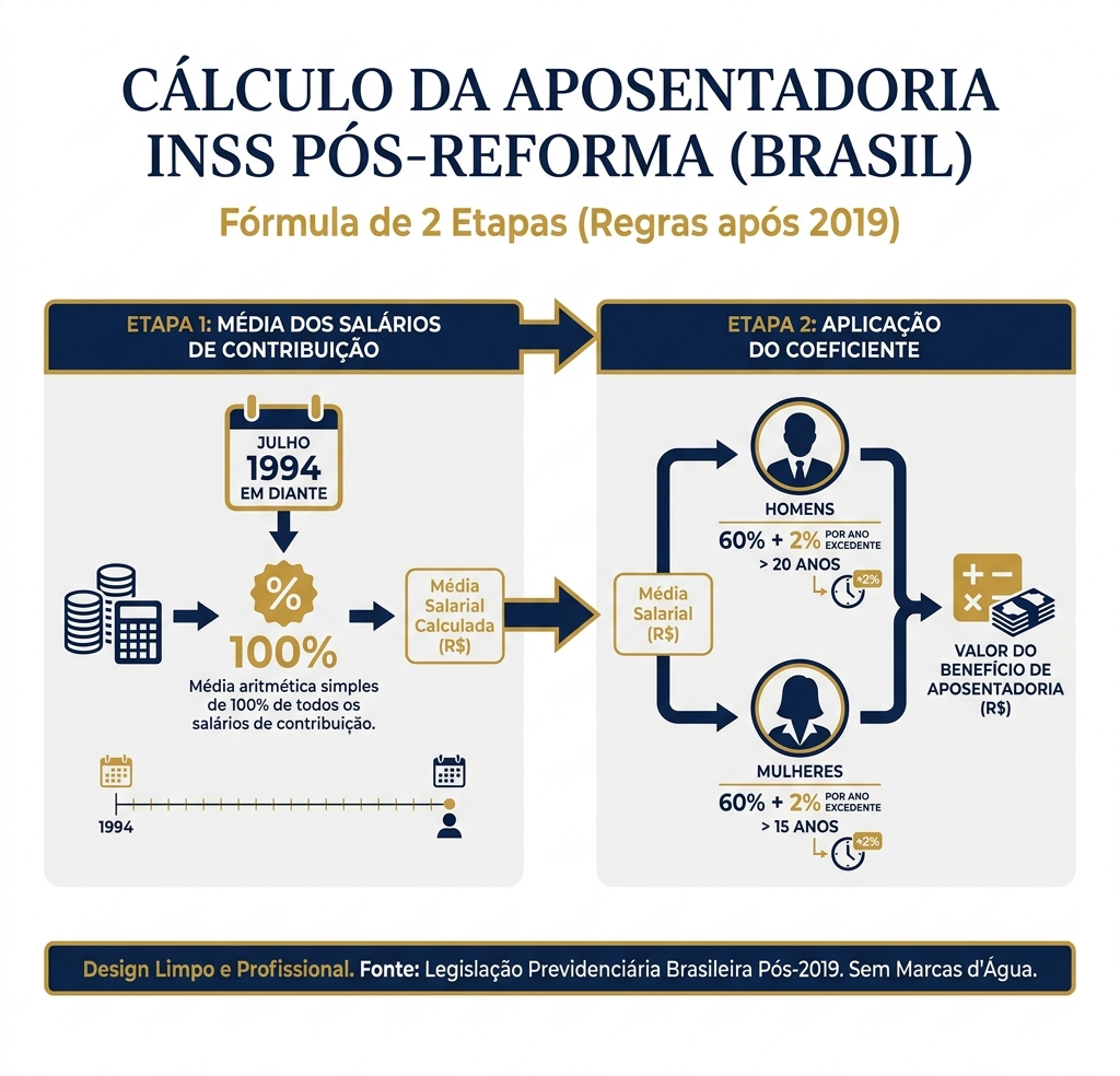 Infográfico com as etapas do cálculo da Renda Mensal Inicial RMI do INSS.
