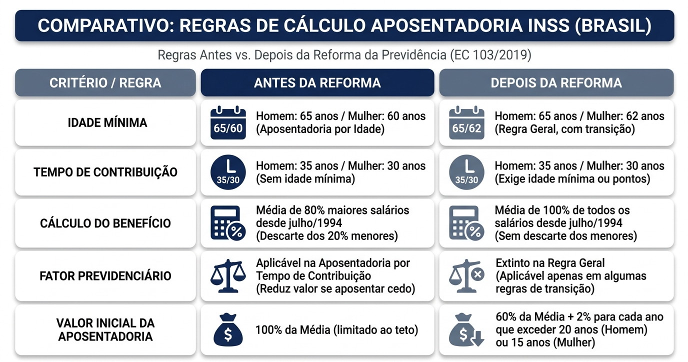 Infográfico de tabela comparativa resumindo as regras do cálculo do INSS antes e depois da Reforma da Previdência.
